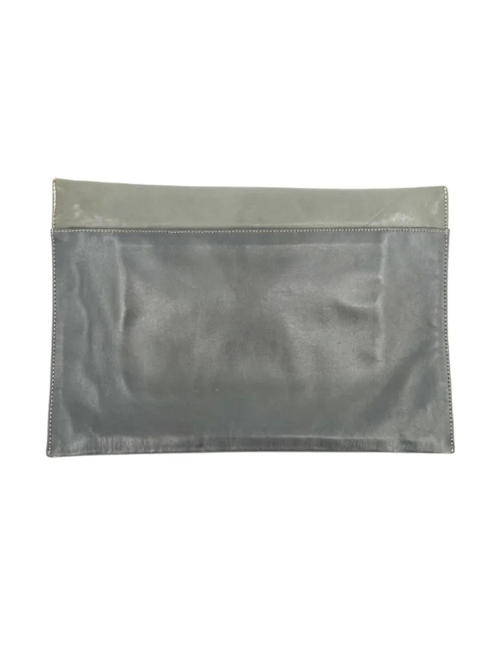 Phillipe 1970s Gray Leather Envelope Clutch Gold Trim Vintage Minimalist